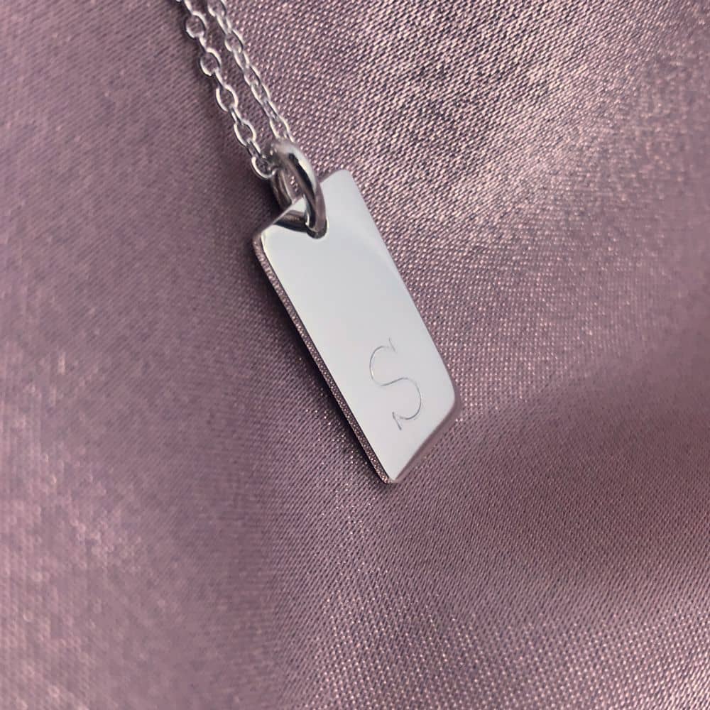 sterling silver bar necklace with initial S engraved