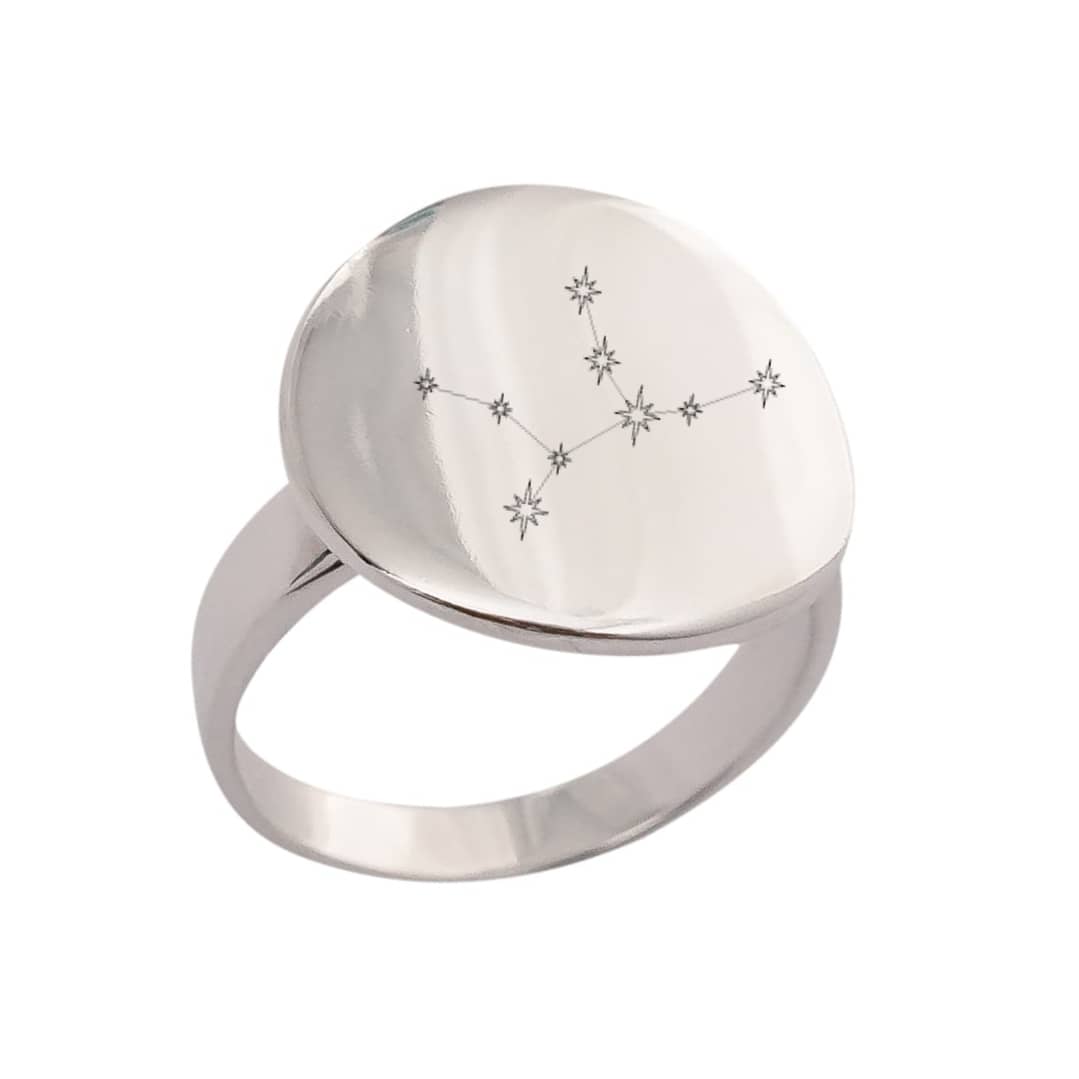 engraved large disc ring with virgo constellation engraved