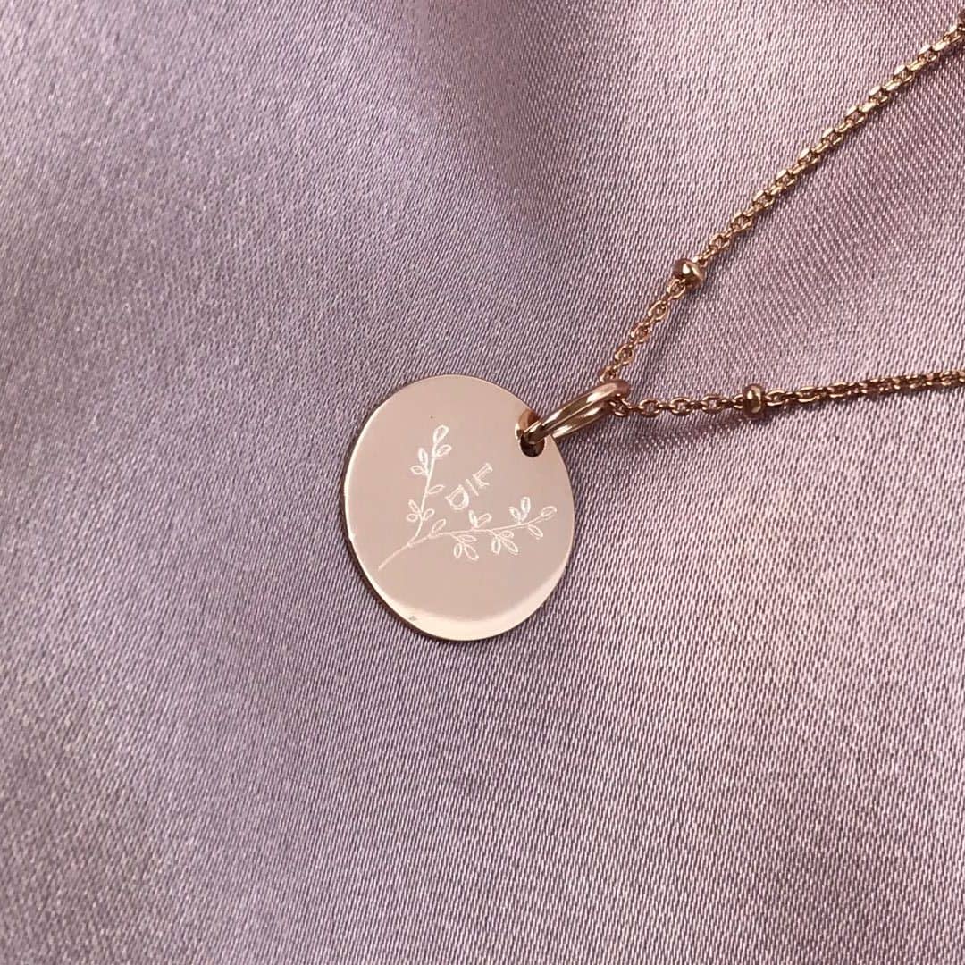 rose gold disc necklace with satellite chain with custom engraving
