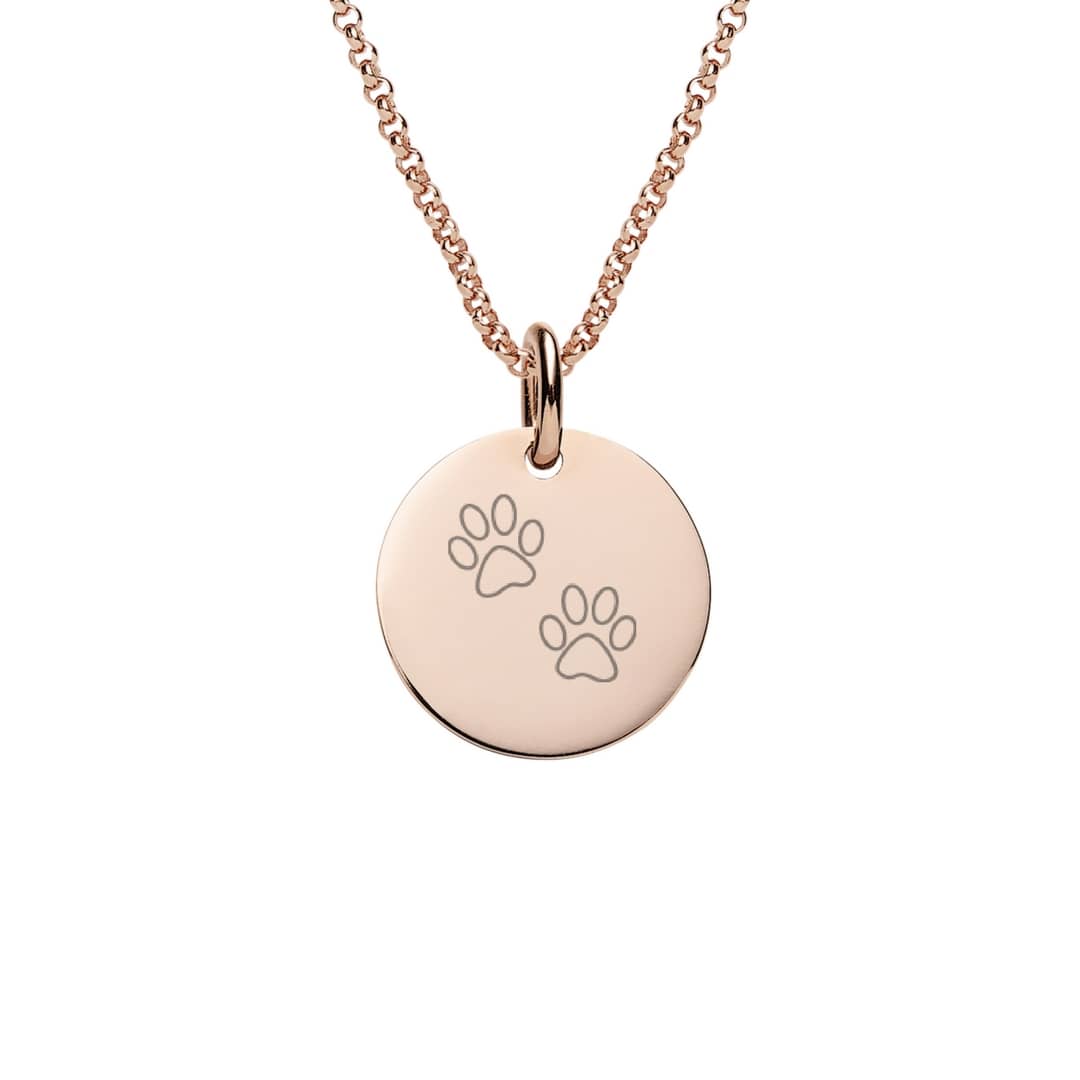 Rose gold disc necklace with paw print symbol engraved