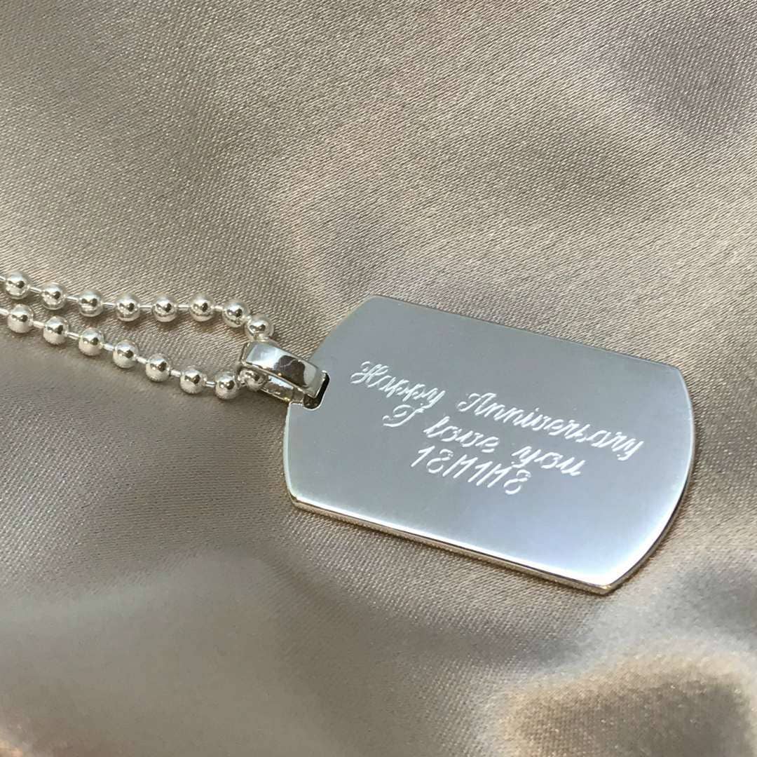 mens solid silver dog tag necklace engraved