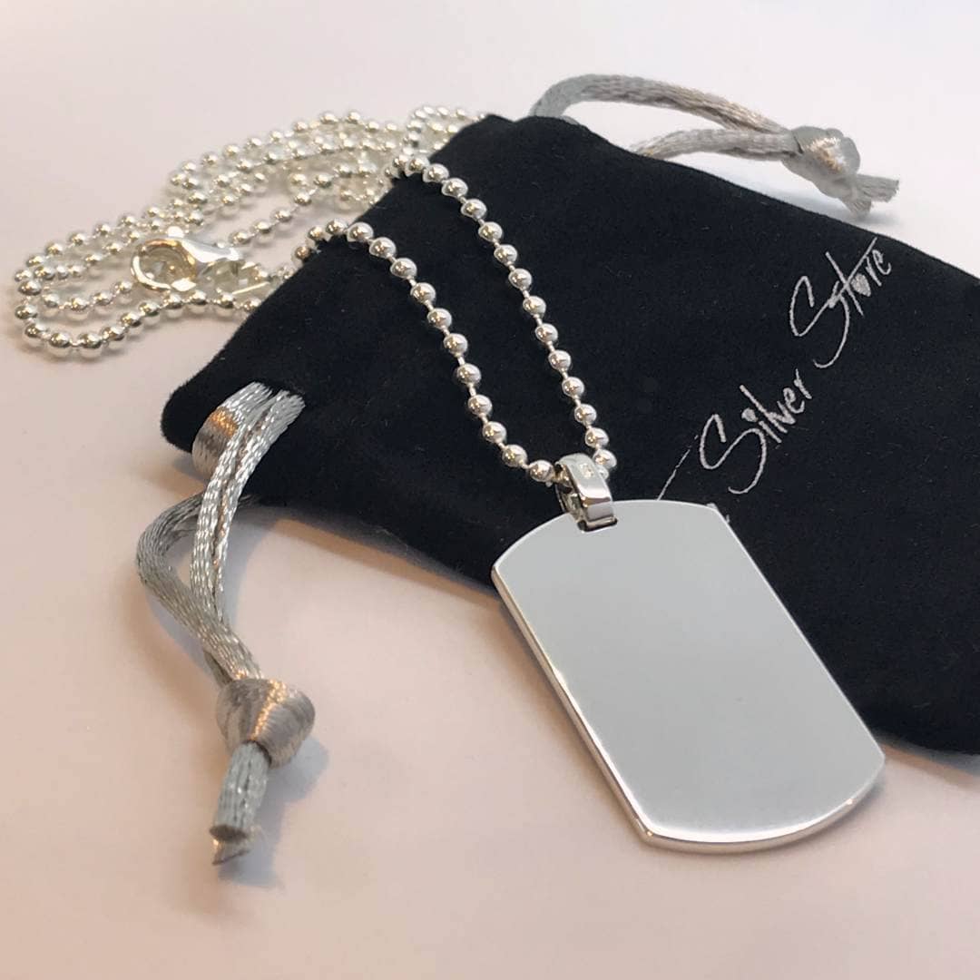 mens wide sterling silver dog tag necklace engrave with any text or image