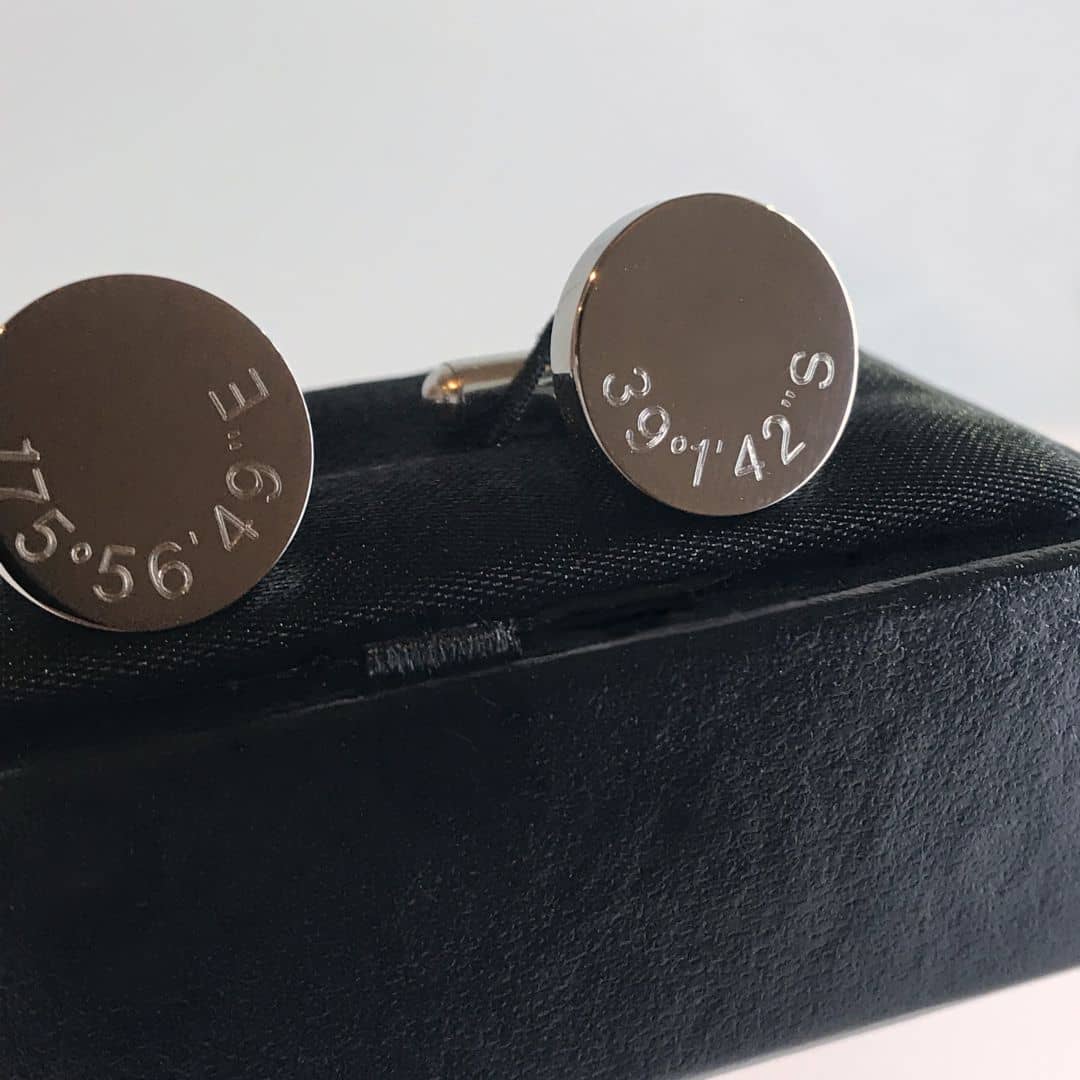 cufflinks engraved with coordinates of special place