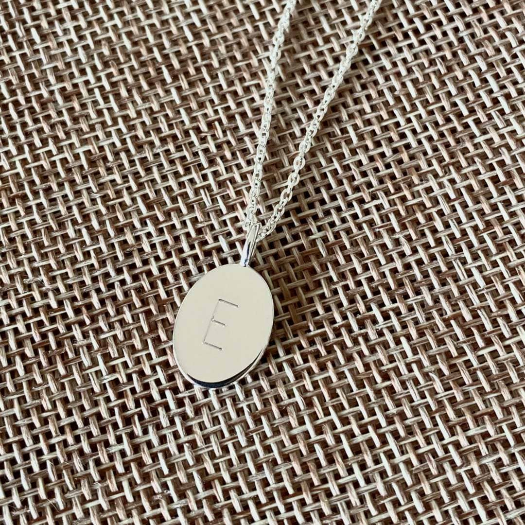 Silver Oval Necklace with letter E engraved