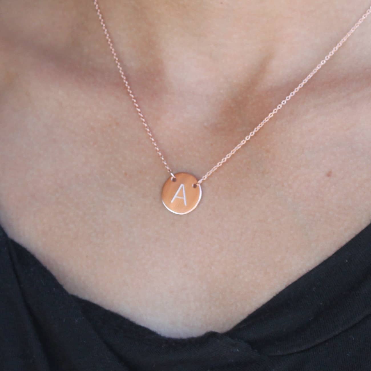 Initial A engraved on rose gold disc necklace from The Silver Store