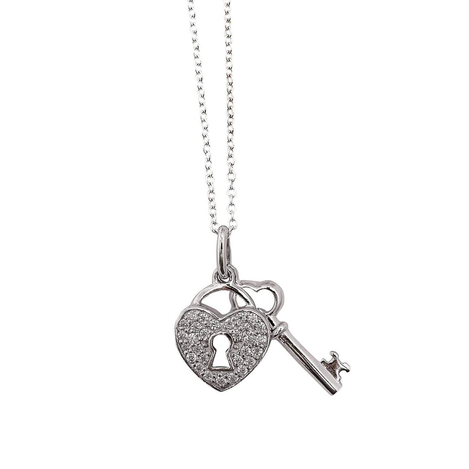 sterling silver key and padlock pendant worn on cable chain